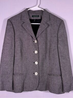 Lauren Ralph Lauren Linen Gray Herringbone Blazer Jacket Size 16